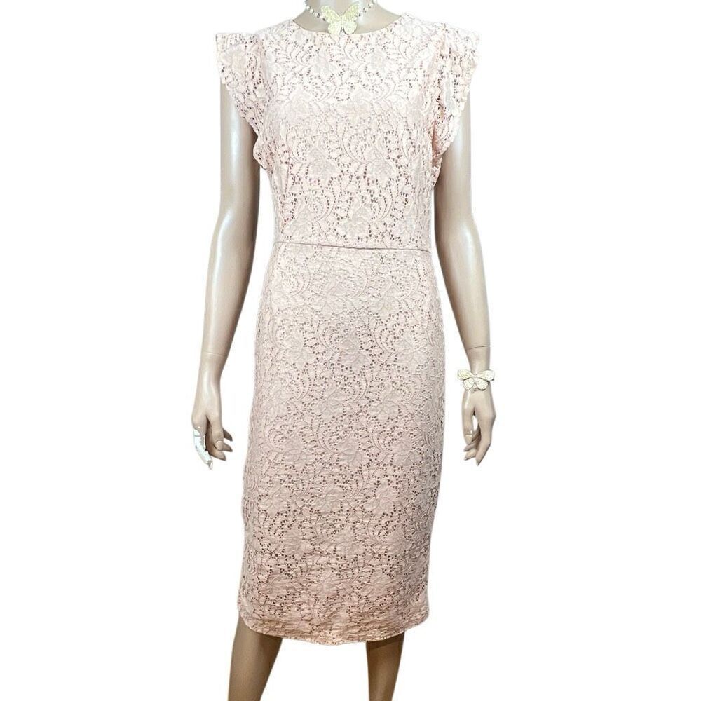 Zara Basic Collection Pink Lace Midi Dress Sleeveless Ruffle Trim Size M (040)